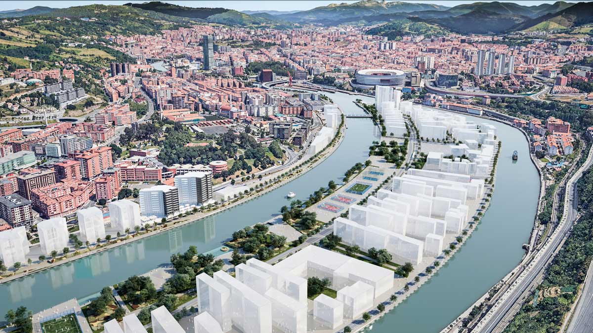 Imagen aérea de la ciudad de Zorrotzaurre resaltando su arquitectura moderna y su ubicación junto al río.