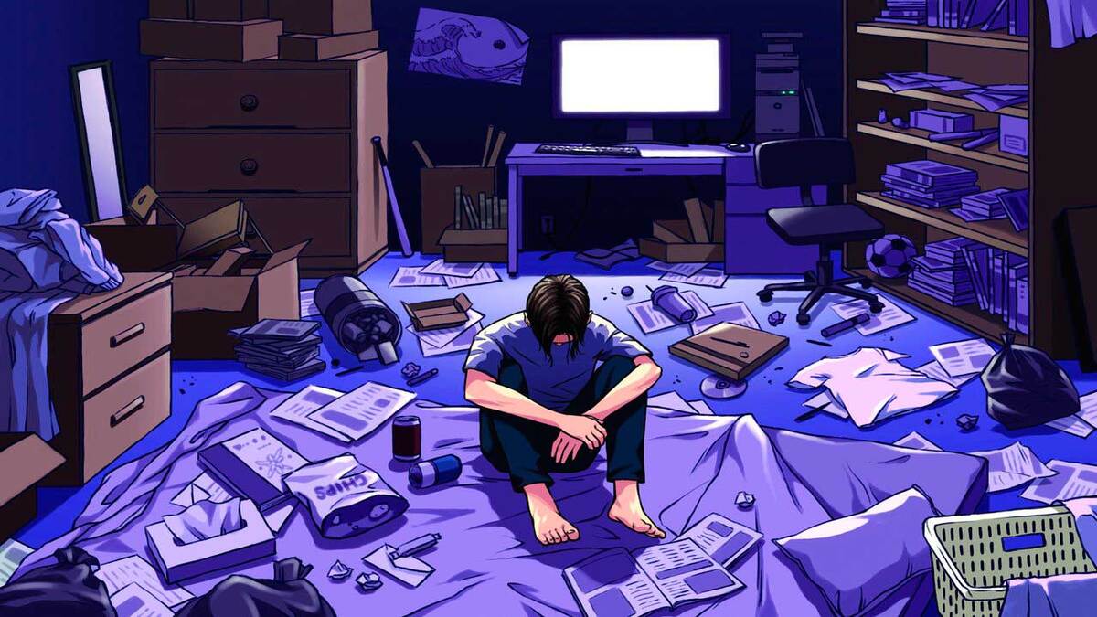 Persona reflexionando en medio de un cuarto desordenado durante la crisis del hikikomori y la falta de socialización.