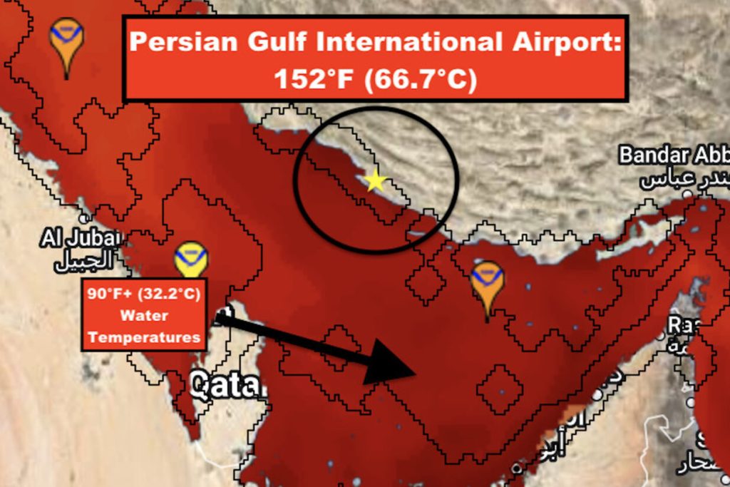 Mapa de la península persa con Irán destacado, acompañado de una temperatura de agua extremadamente alta.