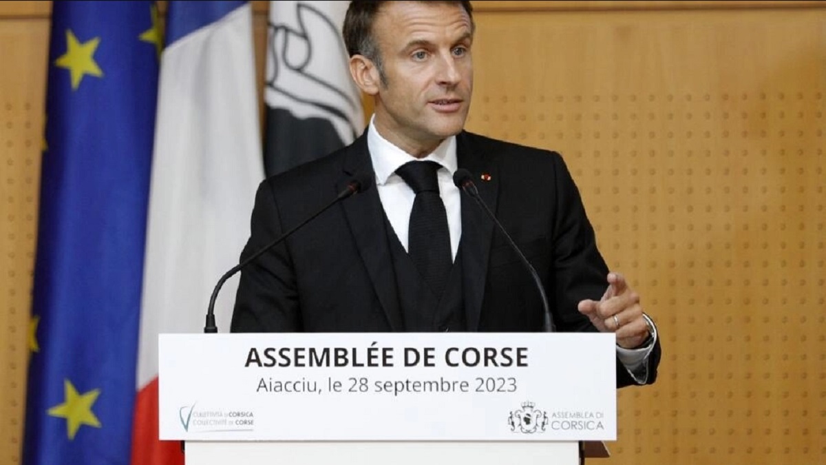 Emmanuel Macron, en su discurso del jueves en Ajaccio ante la Asamblea corsa.
